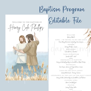 May include: A baptism program template with the text "Baptism Program Editable File." The design includes an illustration of a baptism scene and a detailed order of service, including names and song titles. The program is on a light blue background.