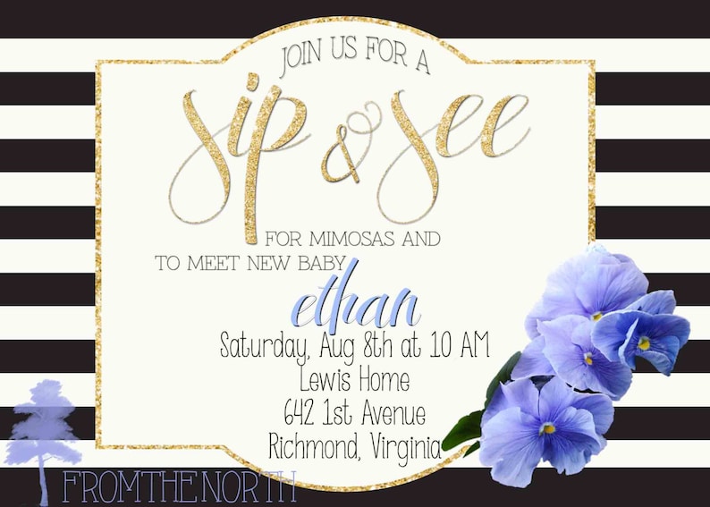 Blue Purple or Pink Peonie Personalized Printable File Sip /& See Invite Baby Girl or Boy from the NORTH