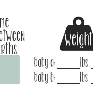 May include: A printable checklist for twins, with sections for the number of weeks between births, the time between births, the weight of each baby in pounds and ounces, and the eye and hair color of each baby.