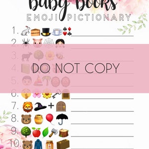 Op de afbeelding: Een roze en wit printbaar babyshower-spel met de titel "baby books emoji pictionary". Het spel bevat een lijst met nummers 1 tot en met 10 met emoji's naast elk nummer. Het spel vraagt ​​spelers om de titel van het boek te raden op basis van de emoji's. Het spel bevat ook een sectie voor "totaal aantal punten".