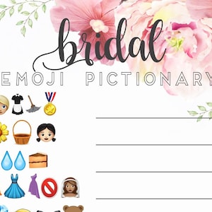 May include: A printable bridal shower game with the title "Bridal Emoji Pictionary". The game features a list of numbers 1 through 5 with emojis next to each number.