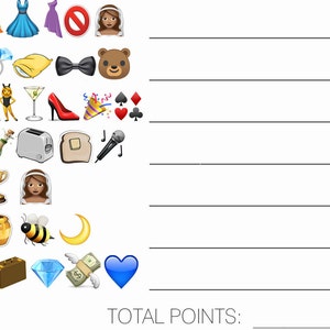 May include: A printable worksheet with a list of 10 numbers and corresponding emojis. The emojis are related to different themes, such as fashion, food, and celebrations. The worksheet includes a space at the bottom for a total points score.