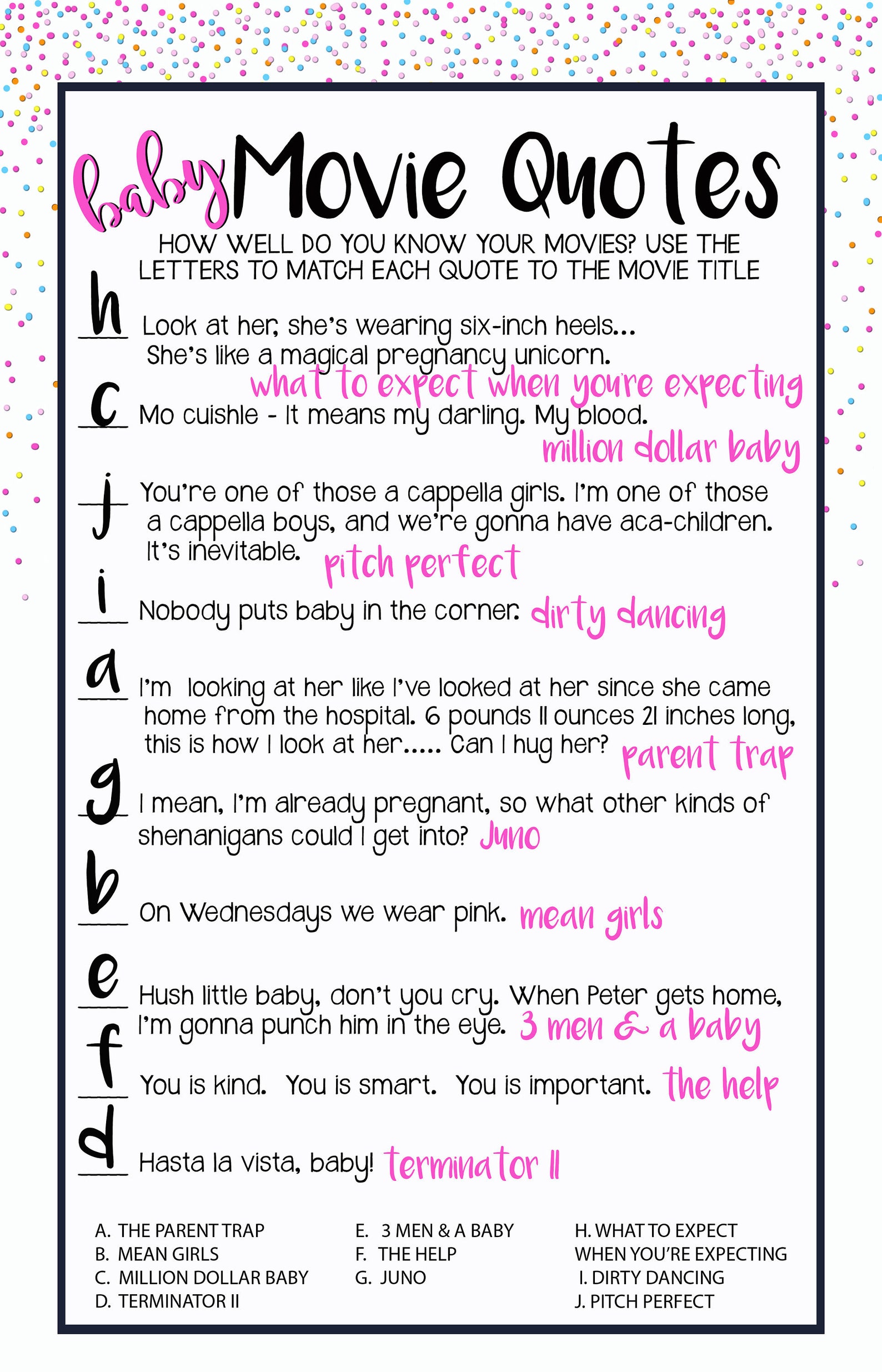 Baby Shower Game Name That Movie Quote Baby & Parenting Etsy Australia