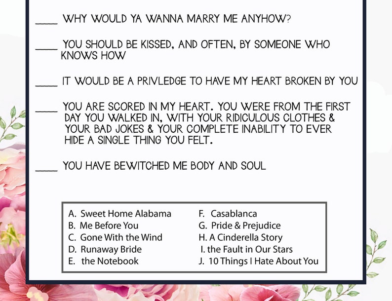 Bridal Shower Game MOVIE QUOTES Name That Bridal Chick Flick | Etsy