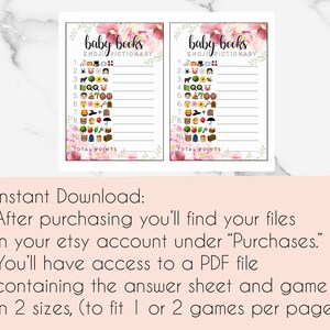 Op de afbeelding: Twee printbare baby shower-spelkaarten met roze bloemranden. De kaarten bevatten een lijst van 10 babyboektitels met bijbehorende emoji's. De tekst op de kaarten luidt "Baby Books Emoji Pictionary".