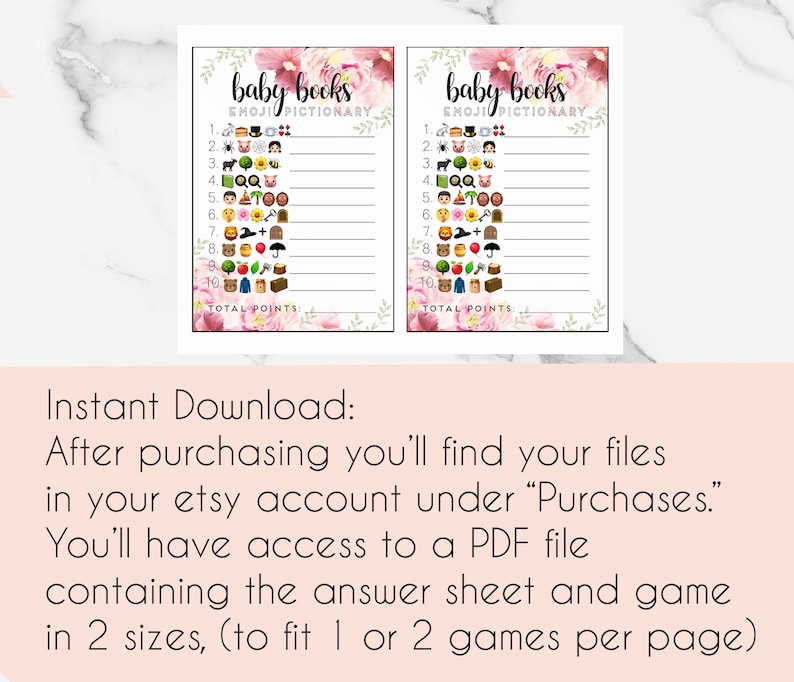 Op de afbeelding: Twee printbare baby shower-spelkaarten met roze bloemranden. De kaarten bevatten een lijst van 10 babyboektitels met bijbehorende emoji's. De tekst op de kaarten luidt "Baby Books Emoji Pictionary".