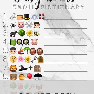 Op de afbeelding: Een printbaar babyshower-spel met een lijst van 10 emoji-hints en een ruimte om de antwoorden op te schrijven. Het spel heet "Baby Books Emoji Pictionary" en bevat de tekst "NIET KOPI&Euml;REN".
