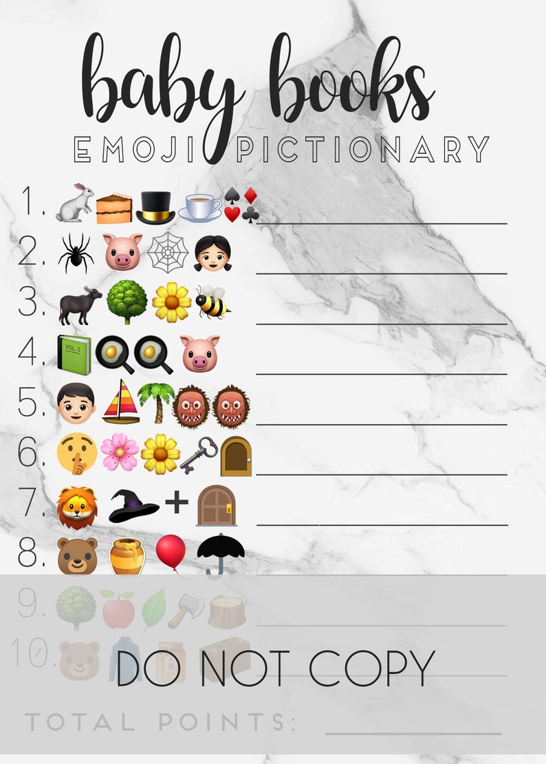 Op de afbeelding: Een printbaar babyshower-spel met een lijst van 10 emoji-hints en een ruimte om de antwoorden op te schrijven. Het spel heet "Baby Books Emoji Pictionary" en bevat de tekst "NIET KOPI&Euml;REN".