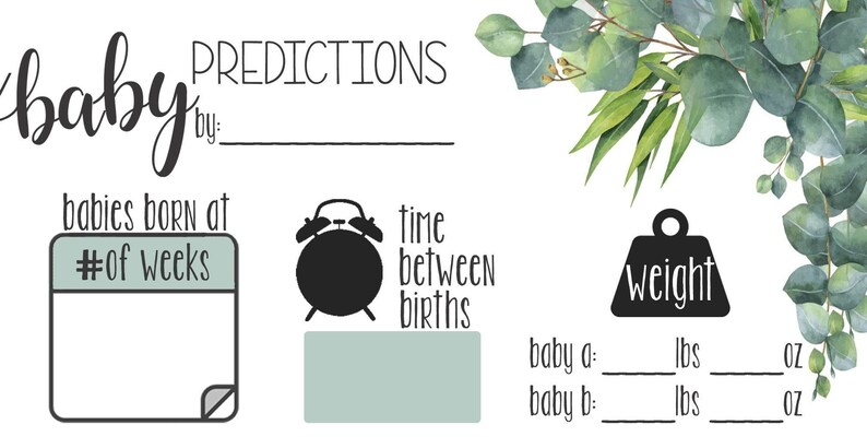 May include: A printable baby shower game card with a green and white color scheme. The card has a title that says "baby predictions" and asks guests to predict the time between births, the number of weeks the babies were born at, and the weight of each baby in pounds and ounces.