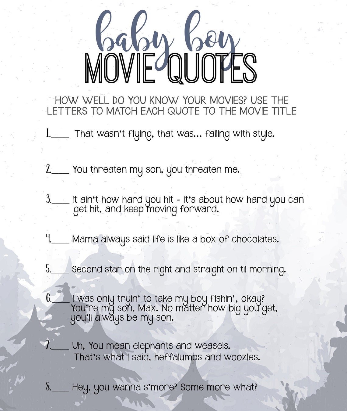 Baby Shower Game Movie Quotes boy Movie Lines Forest Trees Etsy