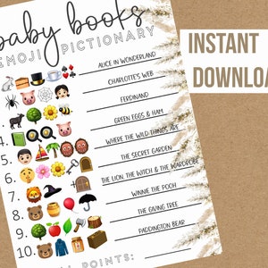 Jeu de devinettes emoji pour baby shower - avec corrigé - jeu de devinettes sur les titres de livres pour enfants - imprimable instantanément