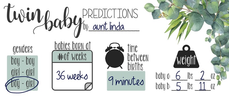 May include: A white background with black text that reads "twin baby predictions by: aunt linda".  There are three sections with predictions for twin babies: genders, babies born at # of weeks, and time between births.  The genders section has three options: boy-boy, girl-girl, and boy-girl.  The babies born at # of weeks section shows 36 weeks.  The time between births section shows 9 minutes.  There is a fourth section for weight with two lines for baby a and baby b.  Baby a is predicted to weigh 6 lbs 2 oz and baby b is predicted to weigh 5 lbs 11 oz.