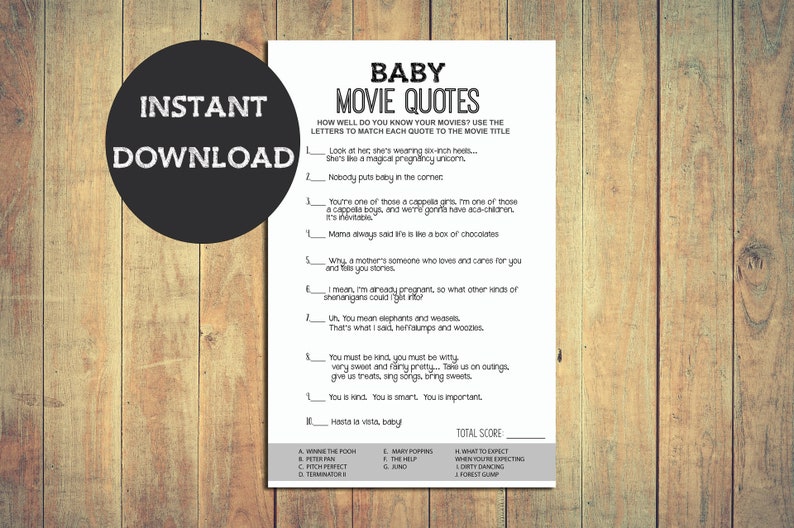 Baby Shower Game Baby & Parenting Movie Quotes Printable Etsy