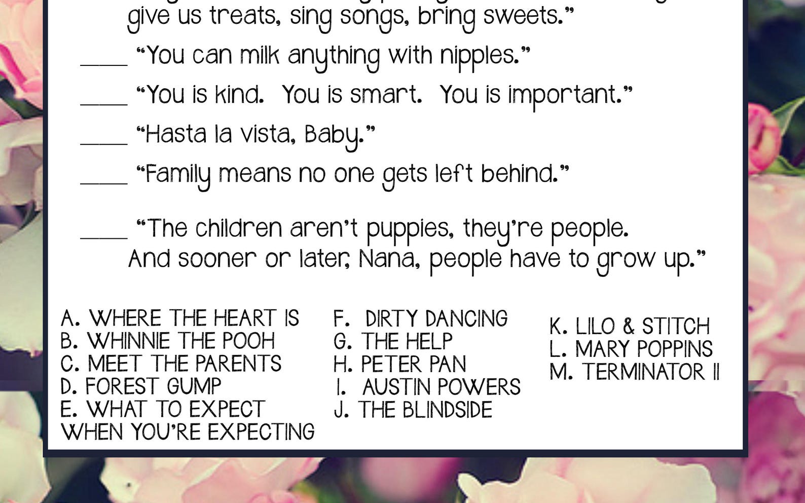 Baby Shower Printable Game Baby & Parenting Movie Quotes Etsy