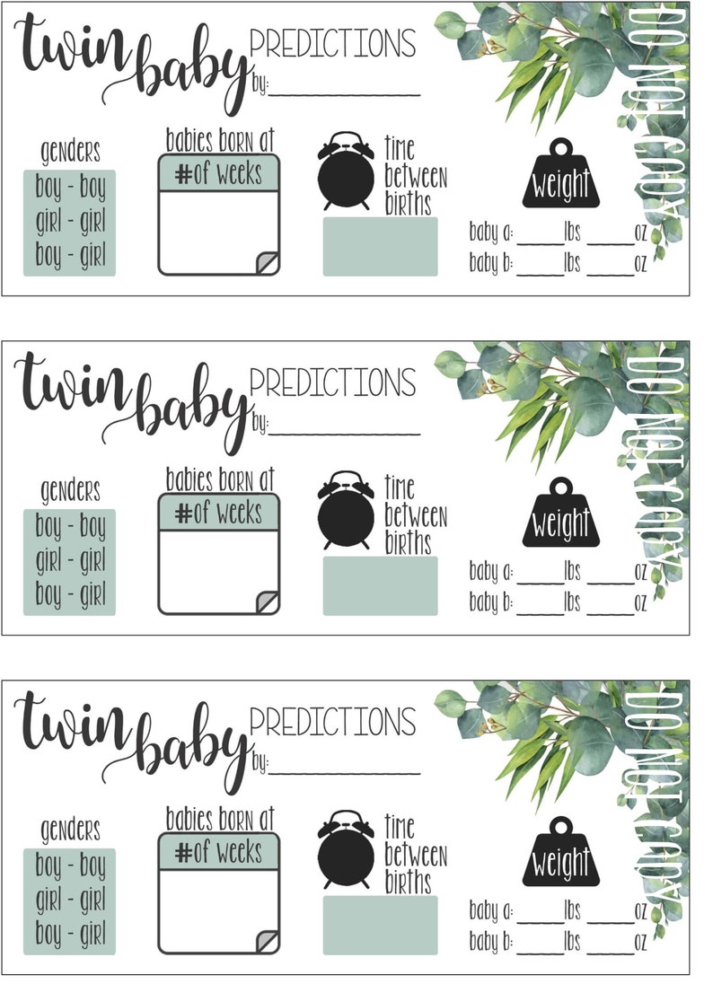May include: Three printable cards with a green eucalyptus leaf design. Each card has a section for predictions about twin babies, including gender, birth weight, and time between births.