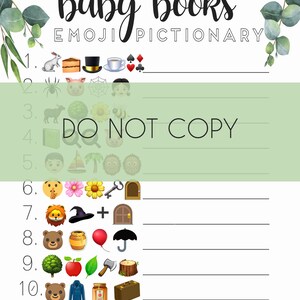Op de afbeelding: Een printbaar babyshower-spel met de titel "baby books emoji pictionary". Het spel bevat een lijst van 10 emoji-hints voor populaire kinderboeken. Spelers moeten de titel van het boek raden op basis van de emoji-hints.