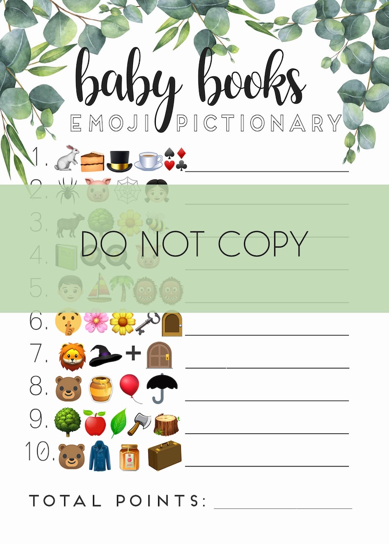 Op de afbeelding: Een printbaar babyshower-spel met de titel "baby books emoji pictionary". Het spel bevat een lijst van 10 emoji-hints voor populaire kinderboeken. Spelers moeten de titel van het boek raden op basis van de emoji-hints.