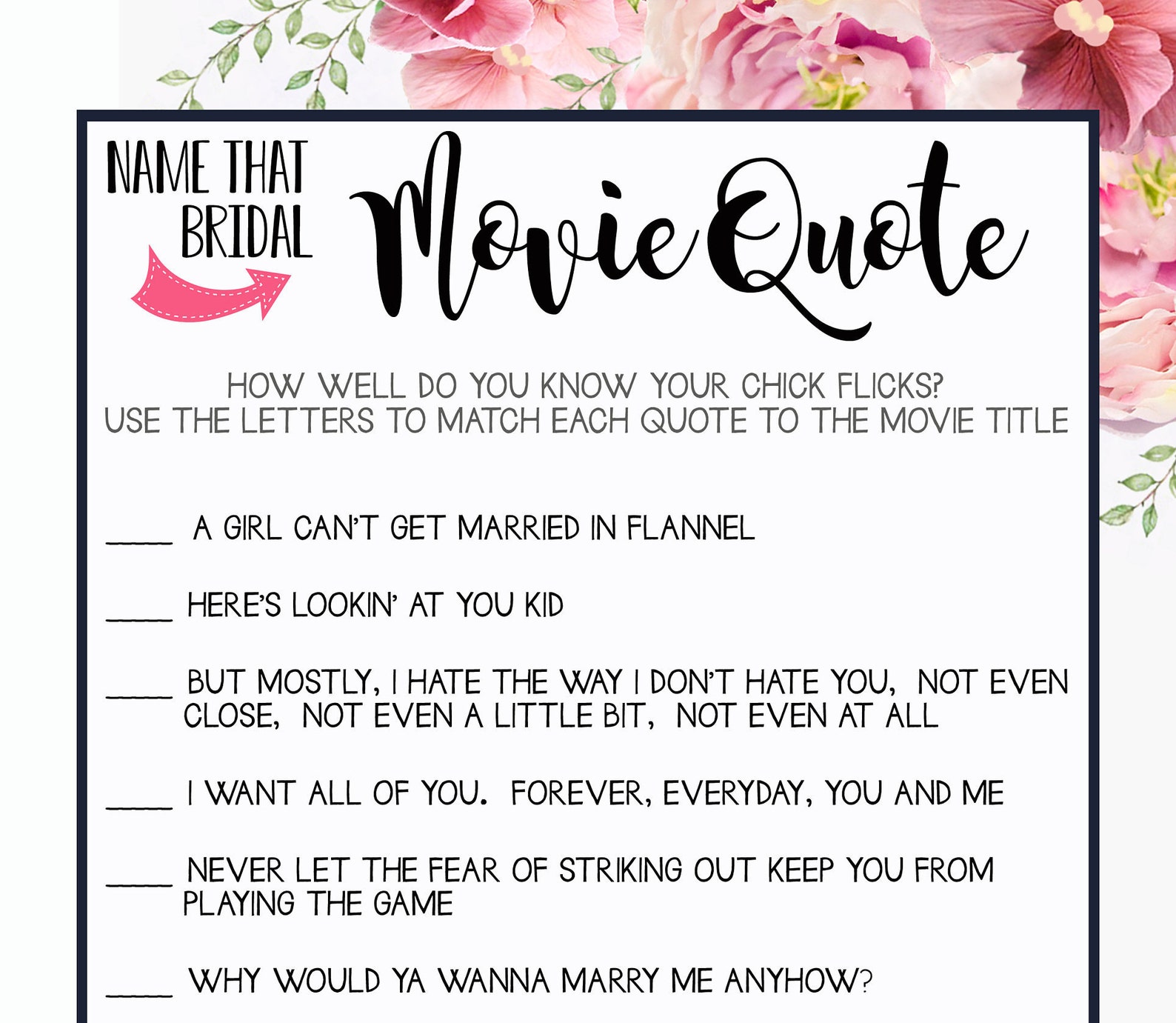Bridal Shower Game MOVIE QUOTES Name That Bridal Chick Flick Etsy