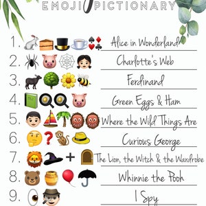 Peut inclure: Un jeu imprimable pour une f&ecirc;te pr&eacute;natale ou une f&ecirc;te. Le jeu s'appelle "Baby Books Emoji Pictionary". Le jeu comprend 10 questions avec des emojis repr&eacute;sentant des livres pour enfants populaires. Les r&eacute;ponses sont list&eacute;es sur le c&ocirc;t&eacute; droit de la page.