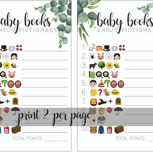 Peut inclure: Deux cartes de jeu imprimables avec le titre "baby books emoji pictionary". Chaque carte comporte 10 lignes avec un num&eacute;ro et un espace vide pour &eacute;crire la r&eacute;ponse. Chaque ligne est accompagn&eacute;e d'un emoji. Le texte "print 2 per page" est &eacute;crit en cursive noire au bas des cartes.
