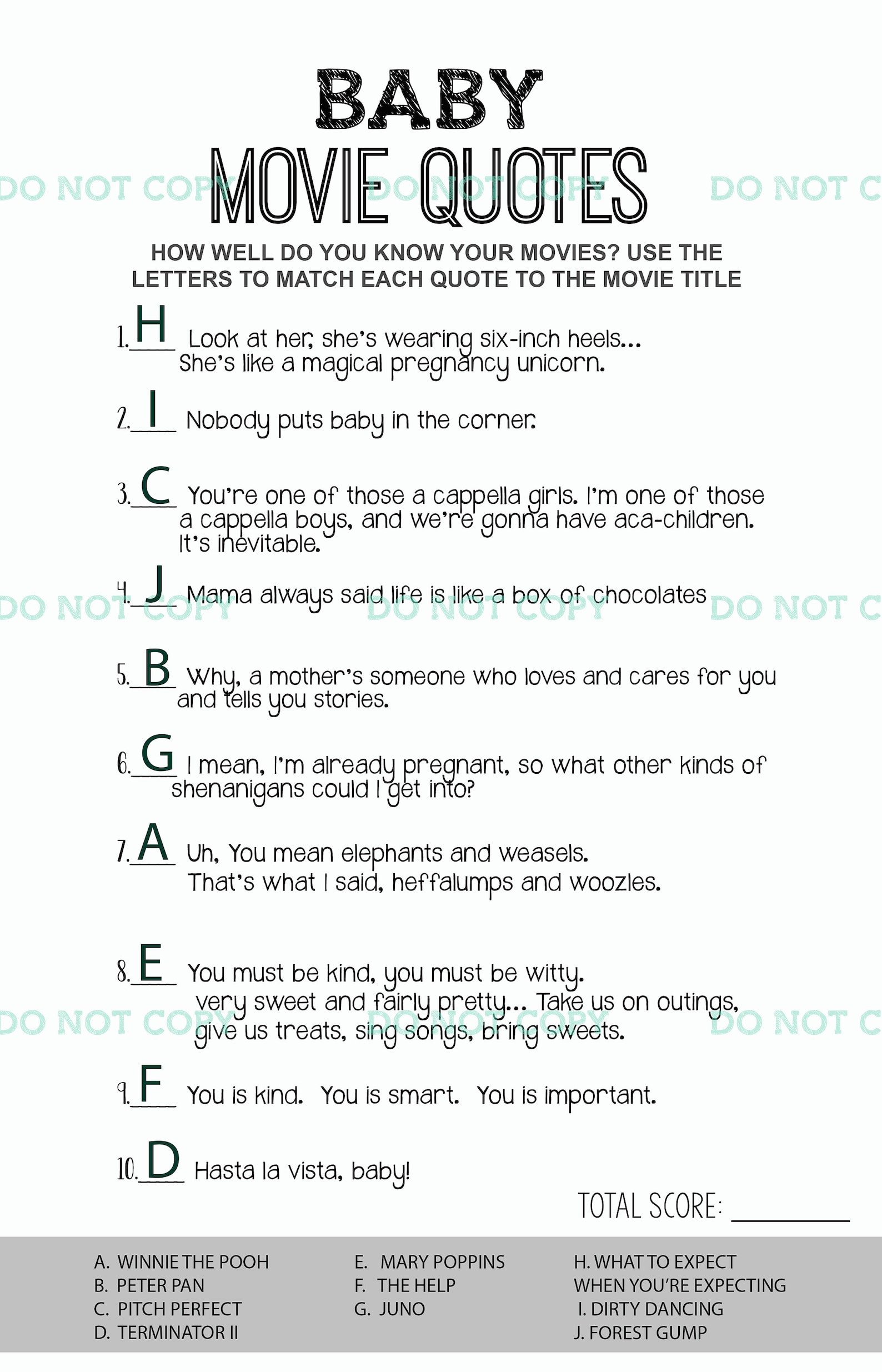 Baby Shower Game Baby & Parenting Movie Quotes printable Etsy