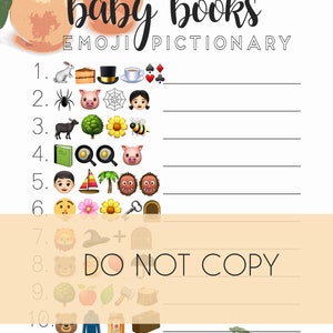 Op de afbeelding: Een printbaar babyshower-spel met perzikillustraties en een lijst van 10 babyboekjes die worden weergegeven door emoji's. Het spel heet "Baby Books Emoji Pictionary".