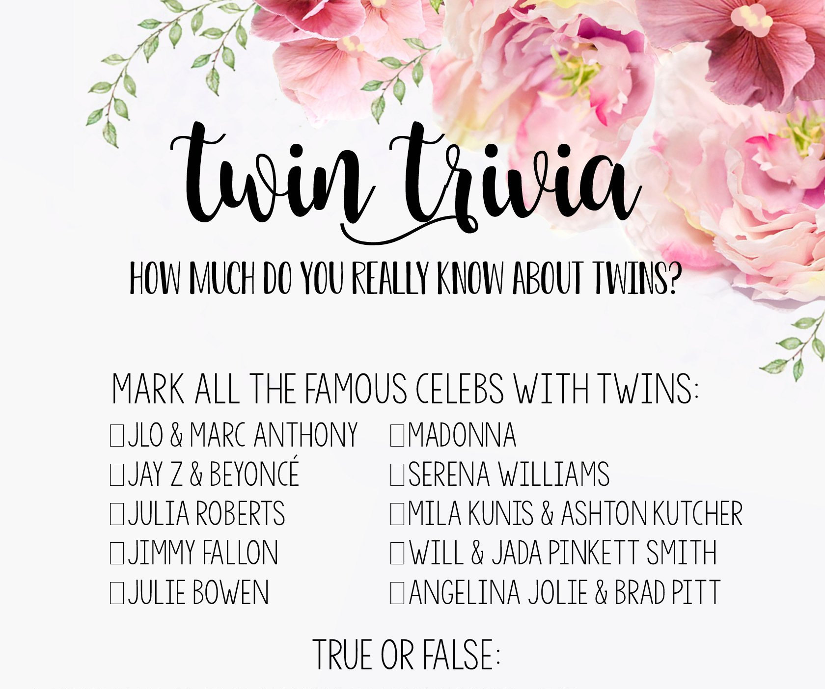 Twin Baby Shower Game Twin Trivia Questions Instant Etsy