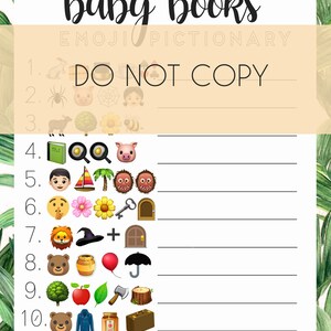 Op de afbeelding: Een printbaar babyboek emoji-beeldspel met de instructie "NIET KOPI&Euml;REN". Het spel bevat 10 rijen met emoji's met een lege ruimte naast elke rij waar spelers hun antwoorden kunnen invullen. Het spel eindigt met een ruimte waar spelers hun totale punten kunnen invullen.
