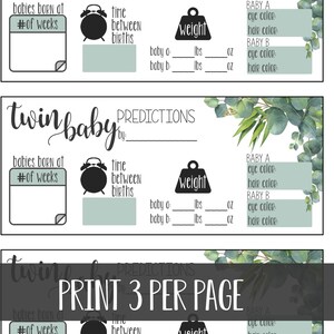 May include: Printable twin baby shower game cards with a green eucalyptus background. The cards have sections for guests to predict the babies' birth weight, time between births, eye color, and hair color.