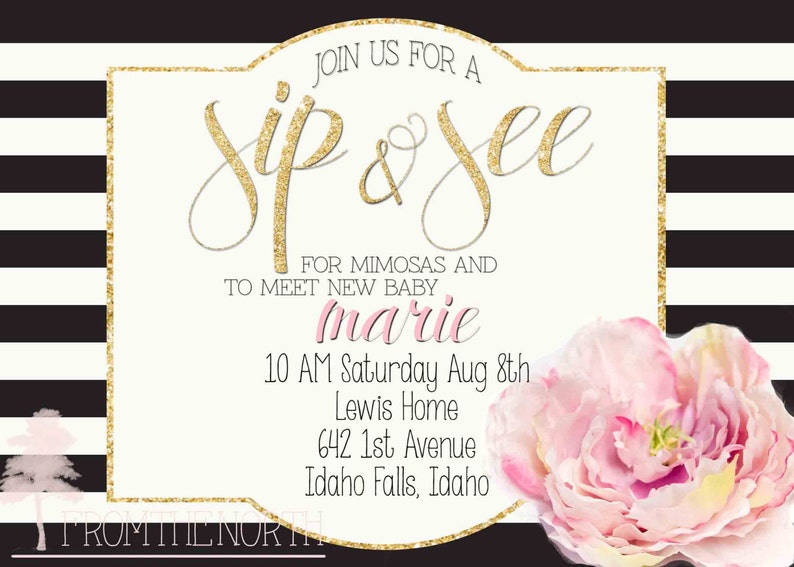 Blue Purple or Pink Peonie Personalized Printable File Sip /& See Invite Baby Girl or Boy from the NORTH