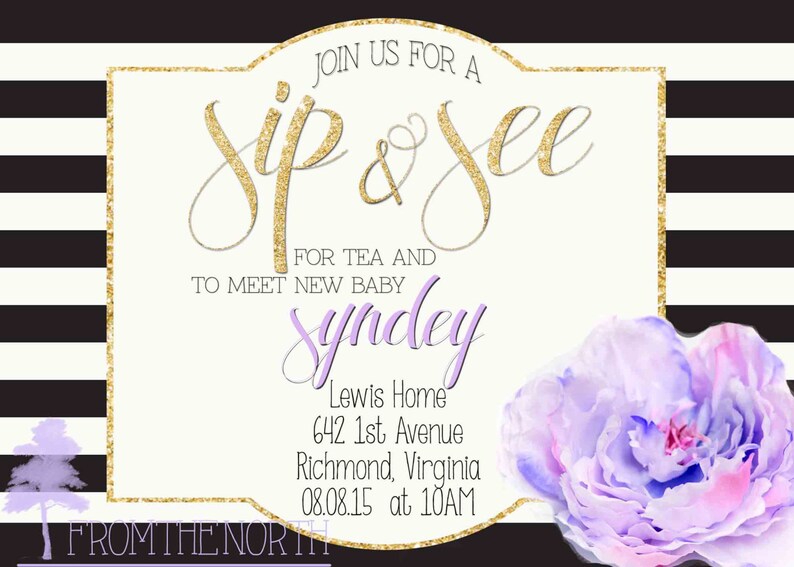 Blue Purple or Pink Peonie Personalized Printable File Sip /& See Invite Baby Girl or Boy from the NORTH
