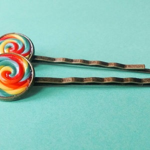 50% OFF SALE Rainbow Lollipop Hair Accessory Bobby Pin Handmade Polymer Clay Mini Food Dessert Candy Jewelry image 1