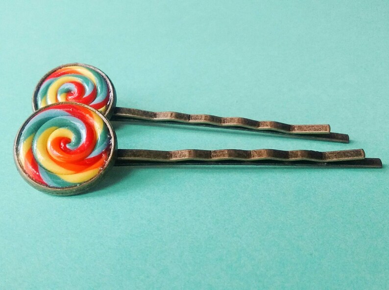 50% OFF SALE Rainbow Lollipop Hair Accessory Bobby Pin Handmade Polymer Clay Mini Food Dessert Candy Jewelry image 1