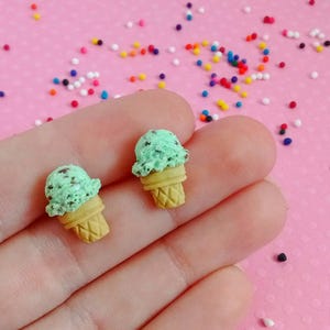 MADE TO ORDER - Mint Chip Ice Cream Cone Earrings - Handmade Mini Food Jewelry -