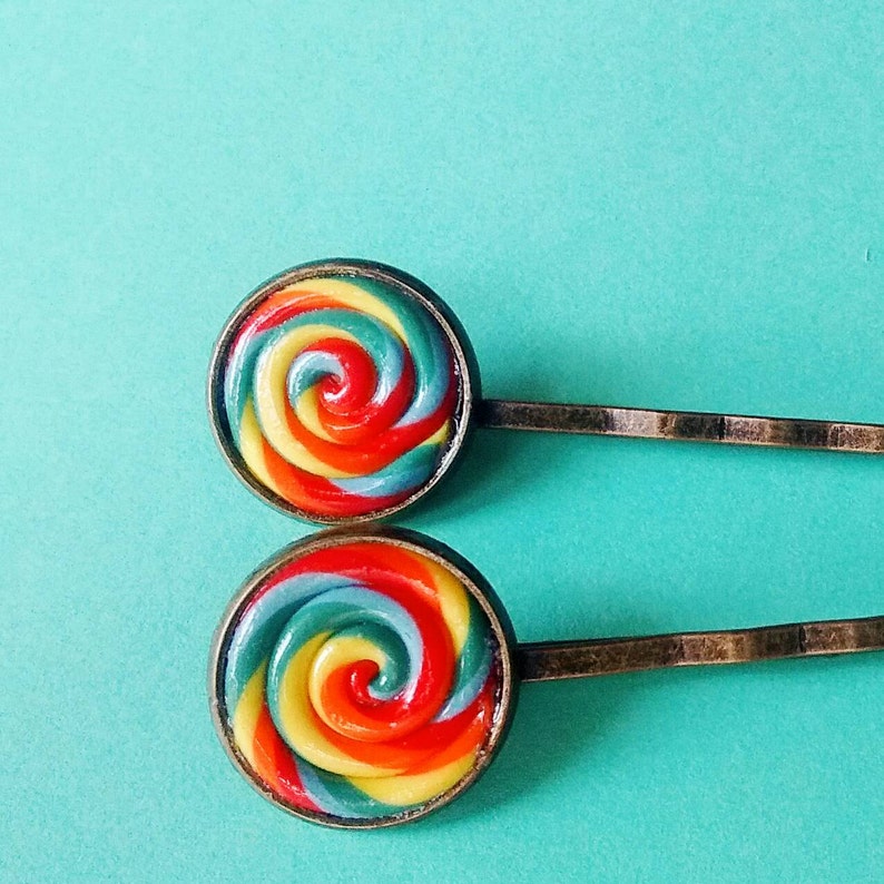 50% OFF SALE Rainbow Lollipop Hair Accessory Bobby Pin Handmade Polymer Clay Mini Food Dessert Candy Jewelry image 2