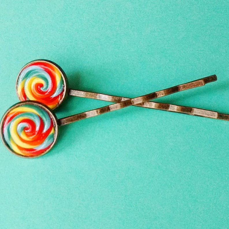 50% OFF SALE Rainbow Lollipop Hair Accessory Bobby Pin Handmade Polymer Clay Mini Food Dessert Candy Jewelry image 3