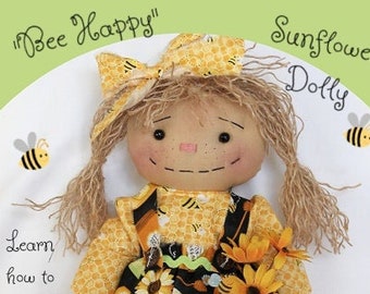 Bee Happy Sunflower Dolly & Beehive Pattern Raggedy, Ragdoll, PDF Sewing Craft Pattern