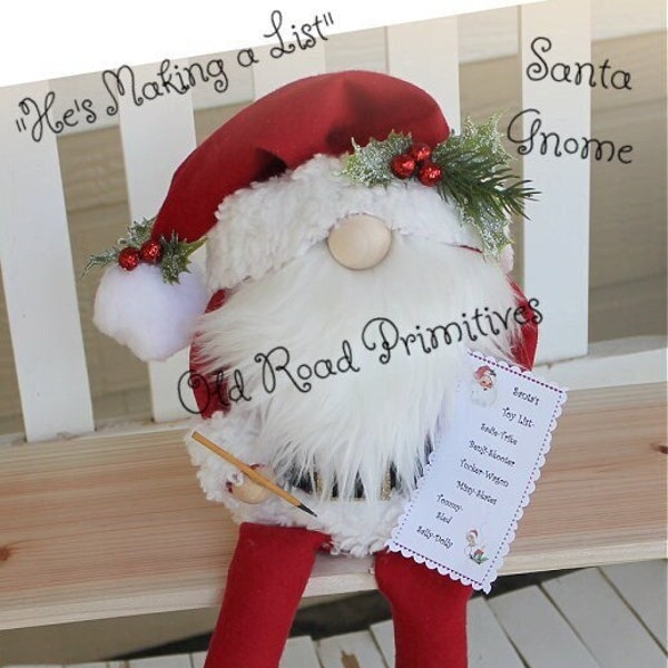 Primitive Santa Gnome Pattern He's Making a List Christmas PDF Sewing Pattern Wreath Add-on Doll Making Craft Supply