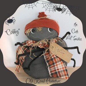 May include: A plush, gray spider named "Cobby" with a red hat and plaid scarf. The spider has black pipe cleaner legs and a tag that says "YEEKS". The background features spiderwebs and spiders, with the text "the Cute Lil Spider".