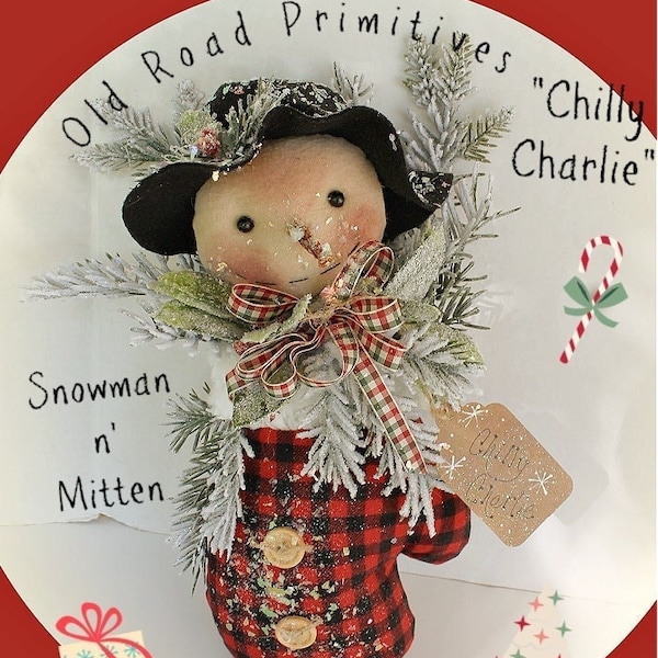 Primitive Snowman Pattern Chilly Charlie Snowman n' Mitten Sewing PDF Christmas Sewing Pattern