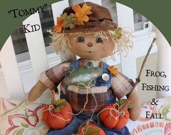 Primitive Fall Scarecrow Doll Tommy Kid...Frog, Fishing & Fall Instant Download PDF Pattern