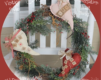 Primitive Valentine's Vintage Farmhouse Style Conversation Heart Tucks PDF Sewing Pattern, Wreath Tucks
