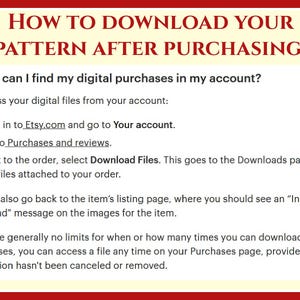 May include: A white background with red text explaining how to download a digital purchase from Etsy.com. The text includes instructions on how to access your digital files from your account, including signing in to Etsy.com, going to Purchases and reviews, and selecting Download Files. The text also mentions that there are generally no limits for when or how many times you can download a file.
