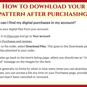 Puede incluir: Un fondo blanco con texto rojo que explica c&oacute;mo descargar una compra digital de Etsy.com. El texto incluye instrucciones sobre c&oacute;mo acceder a tus archivos digitales desde tu cuenta, incluyendo iniciar sesi&oacute;n en Etsy.com, ir a Compras y rese&ntilde;as, y seleccionar Descargar archivos. El texto tambi&eacute;n menciona que generalmente no hay l&iacute;mites para cu&aacute;ndo o cu&aacute;ntas veces puedes descargar un archivo.
