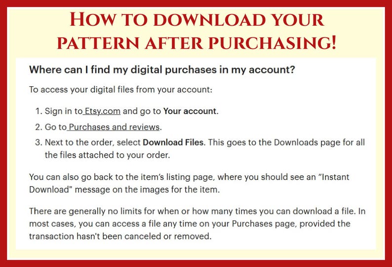 Puede incluir: Un fondo blanco con texto rojo que explica c&oacute;mo descargar una compra digital de Etsy.com. El texto incluye instrucciones sobre c&oacute;mo acceder a tus archivos digitales desde tu cuenta, incluyendo iniciar sesi&oacute;n en Etsy.com, ir a Compras y rese&ntilde;as, y seleccionar Descargar archivos. El texto tambi&eacute;n menciona que generalmente no hay l&iacute;mites para cu&aacute;ndo o cu&aacute;ntas veces puedes descargar un archivo.
