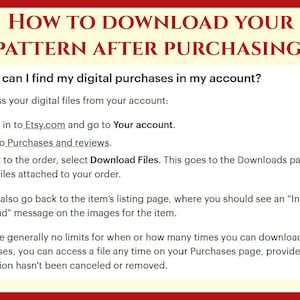 May include: A white background with red text explaining how to download digital purchases from Etsy.com. The text includes instructions on how to access your purchases and download files.