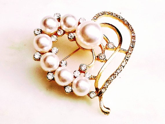 CRYSTAL & PEARL HEART Brooch, Pin, Accessory! Int… - image 8