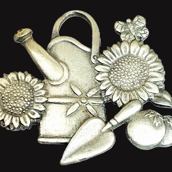 SPOONTIQUES GARDENING BROOCH! Signed Adorable Watering Can, Flowers, Tomatoes Pin/Accessory! Pewter Setting. Great Garden Lover Gift!