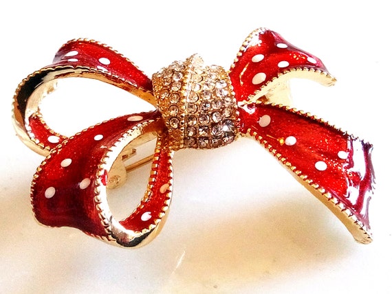 ENAMELED BOW BROOCH! Beautiful Red With White Pol… - image 6