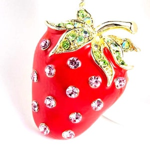 RHINESTONE STRAWBERRY BROOCH So Delicious Food & Drink, Fruit, Motif Luscious Strawberry Sweetly Enameled Sparkling Crystals Yummy image 1